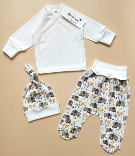 Комплекти Комплект для новонароджених Safari 3 предмета (сорочечка, повзунки, шапочка), молочний, Merry Bee