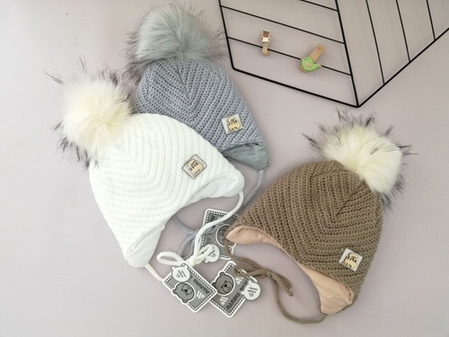 Зимова в'язана шапочка для новонароджених на зав'язках, коричнева, Мамина Мода, Коричневий, 38-40