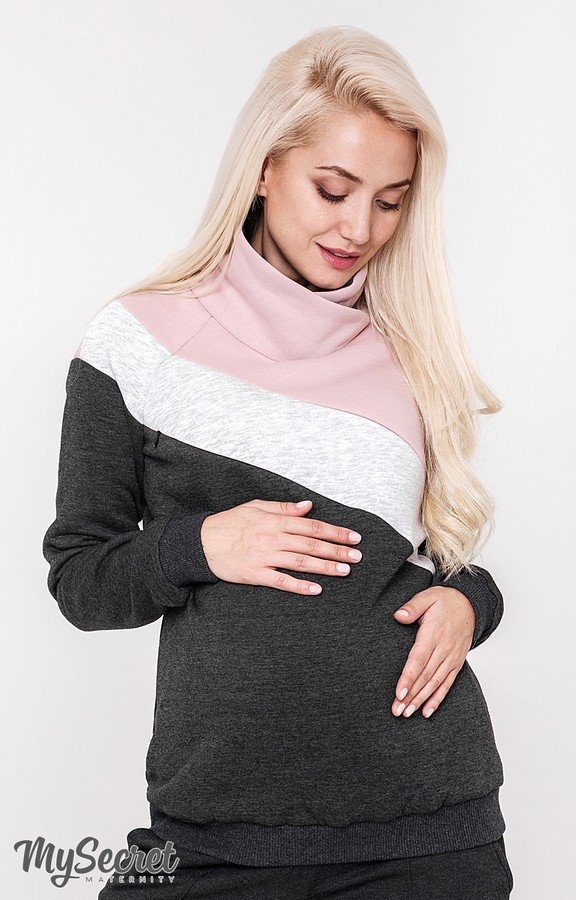 Свитшоты, худи Свитшот-реглан для беременных и кормящих DINA WARM, антрацит с серым меланжем и пудрой, Юла мама