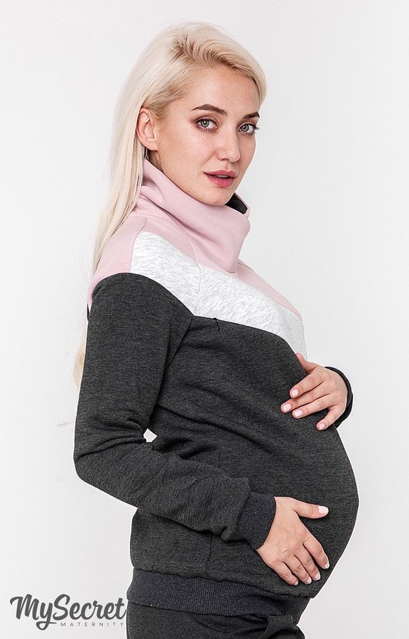 Свитшоты, худи Свитшот-реглан для беременных и кормящих DINA WARM, антрацит с серым меланжем и пудрой, Юла мама