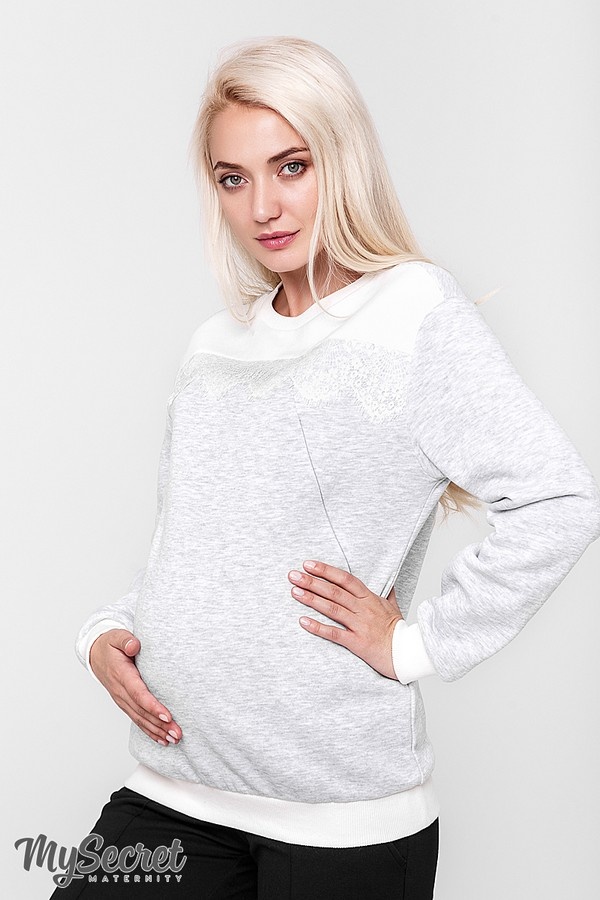Свитшоты, худи Теплый свитшот для беременных и кормящих NOLA WARM, сочетание светло-серого меланжа с молочным, Юла мама