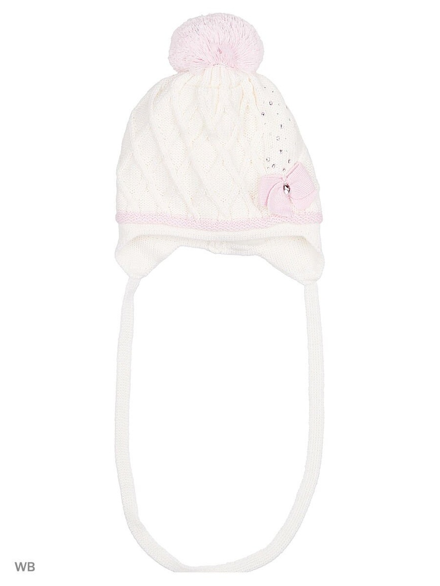 Зимняя шапочка на завязках, белая/розовый бантик/стразы, Barbaras, Белый, 36-38