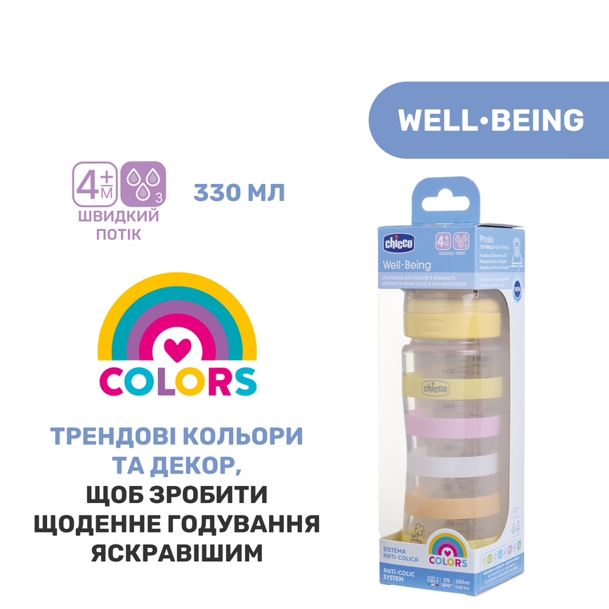 Бутылочки Бутылочка пластик Chicco Well-Being Colors, 330мл, соска силикон, желтая крышка 4м+, Chicco
