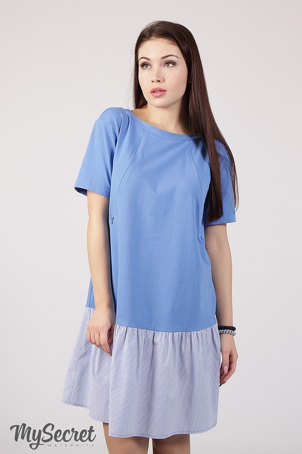 Платье-футболка для беременных и кормящих MISSI, темно-голубой трикотаж с отделкой из темно-голубой с белым полоски, Юла Мама