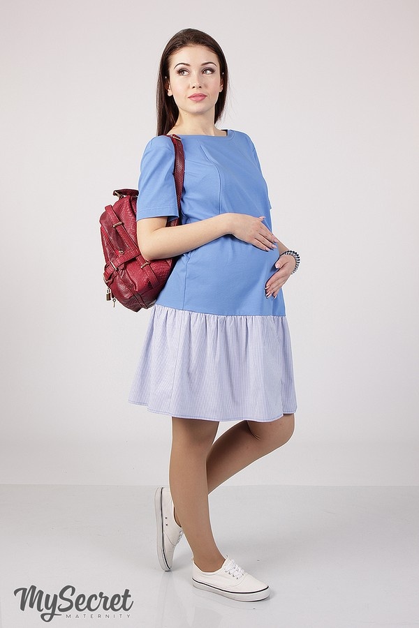 Платье-футболка для беременных и кормящих MISSI, темно-голубой трикотаж с отделкой из темно-голубой с белым полоски, Юла Мама