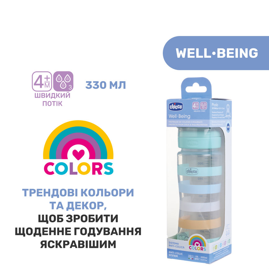 Бутылочки Бутылочка пластик Chicco Well-Being Colors, 330мл, соска силикон, мятная крышка 4м+, Chicco