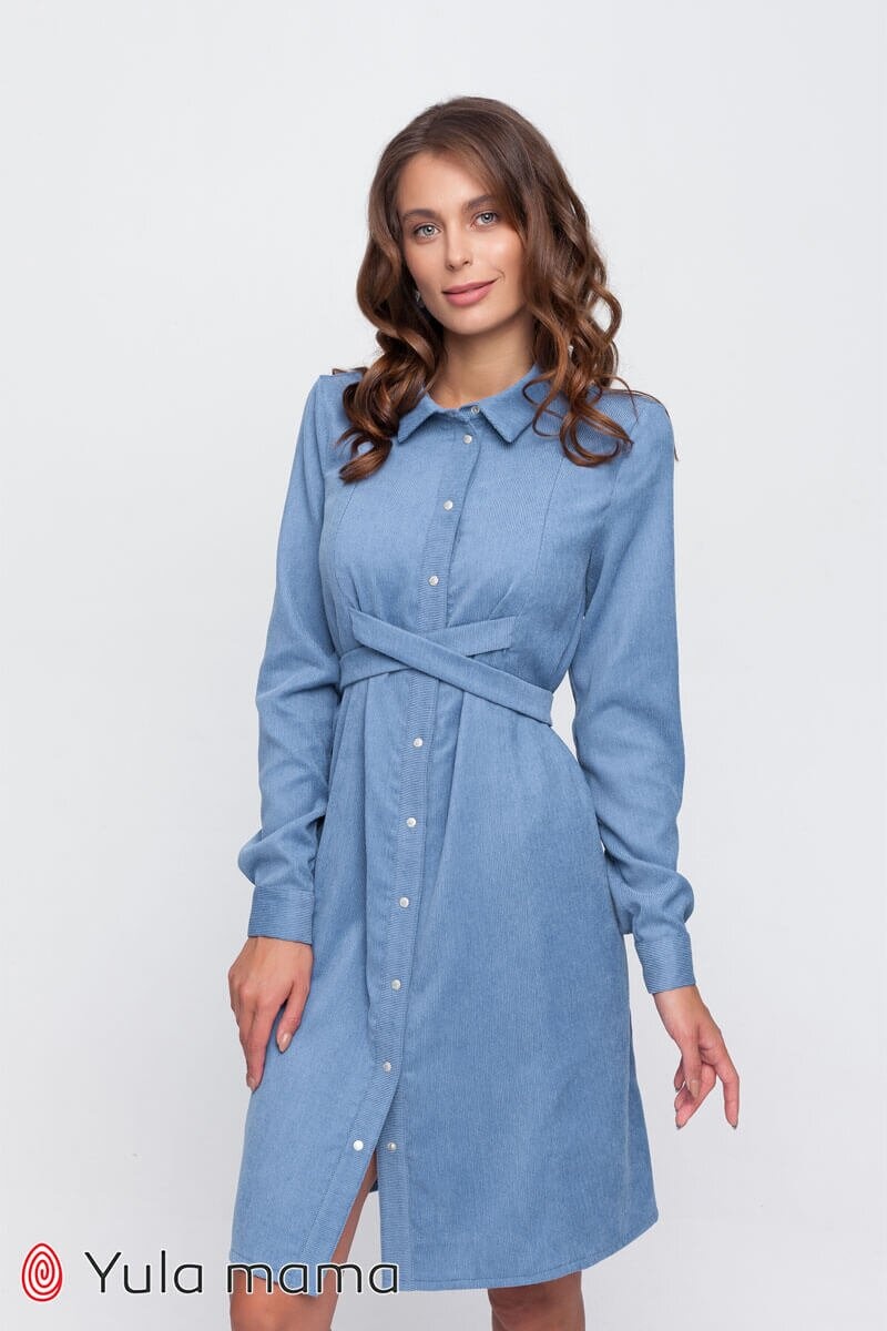 Платье-рубашка из вельвета для беременных и кормящих SILVIA, джинсово-голубой, Юла мама, Голубой, S