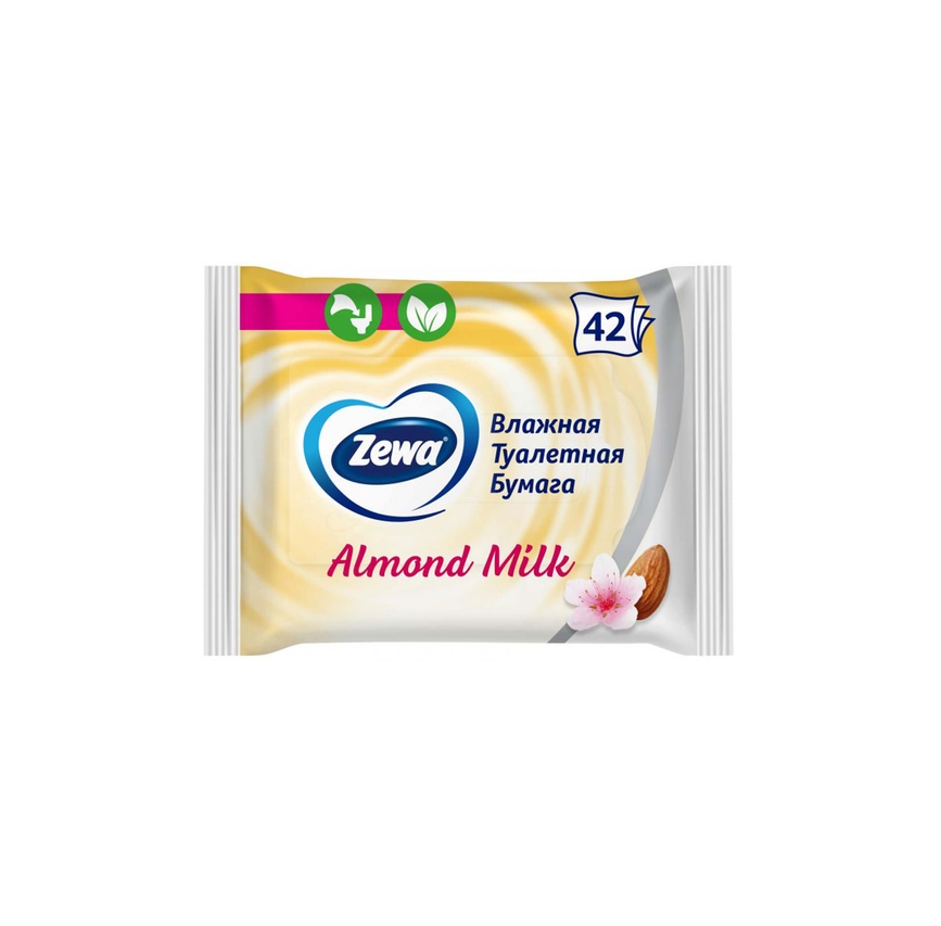Влажные салфетки для интимной гигиены, демакияжа и пр. Влажная туалетная бумага Zewa Almond Milk c ароматом миндального молочка 42 шт, Zewa