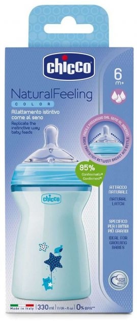 Бутылочки Бутылочка для кормления пластиковая Chicco Natural Feeling Color 330 мл 6 м+ Голубая, Chicco