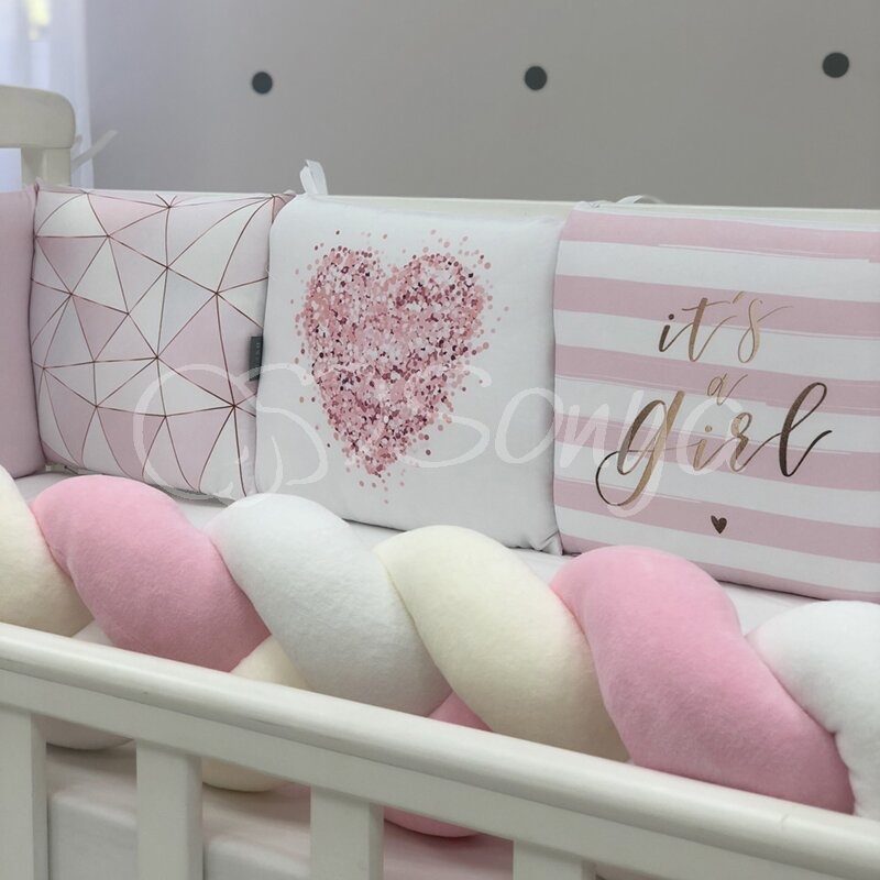 Постелька Комплект постельного белья в кроватку Art Design Розовая геометрия + бортик коса, 6 элементов, Маленькая Соня