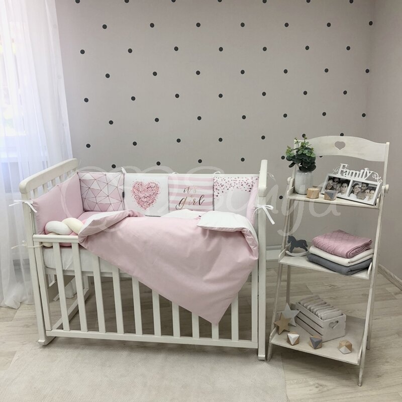 Постелька Комплект постельного белья в кроватку Art Design Розовая геометрия + бортик коса, 6 элементов, Маленькая Соня
