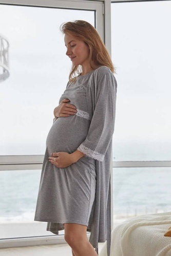 Халати Комплект халат та нічна сорочка для вагітних і годуючих мам 4299041, сірий меланж, To be