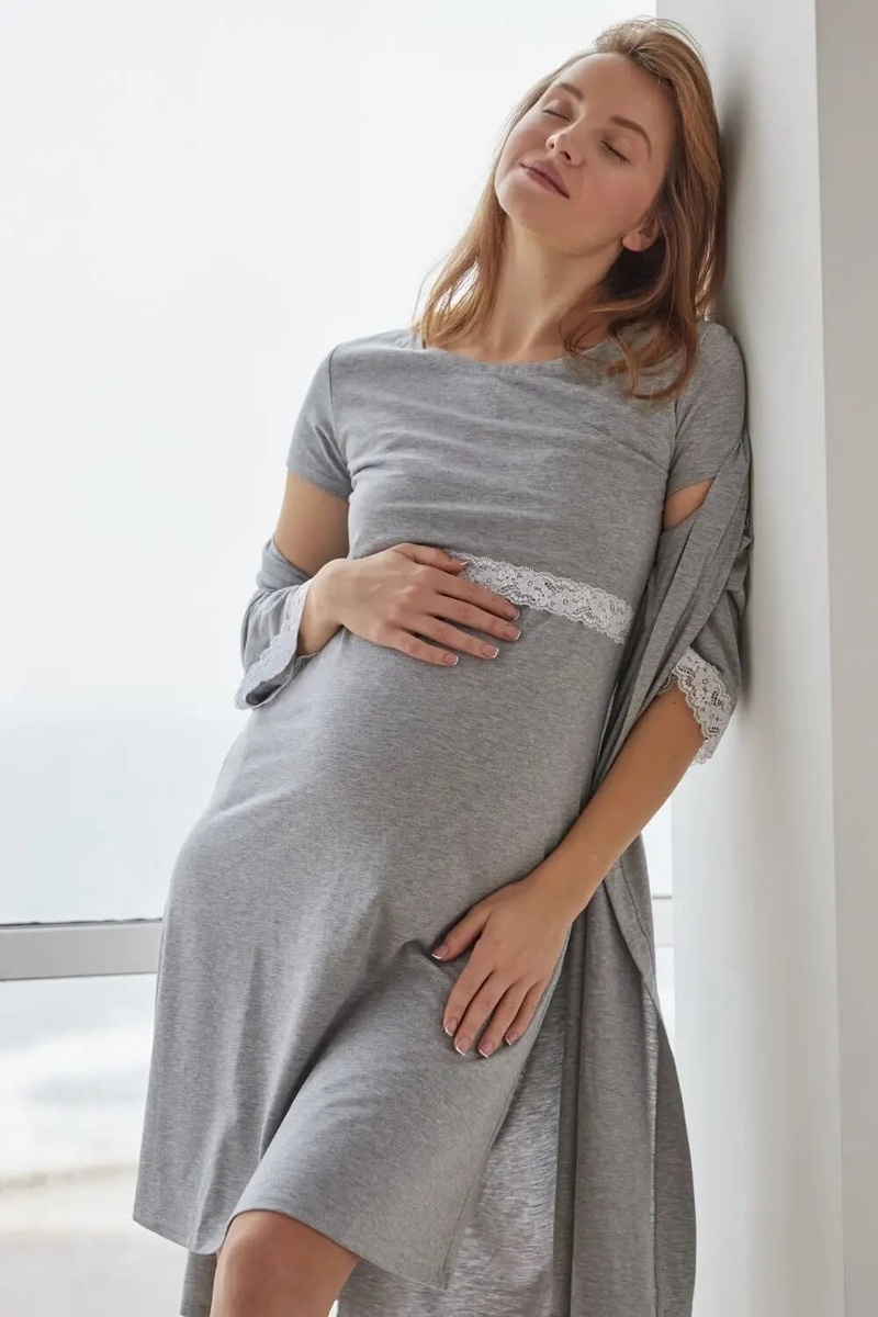 Халаты Комплект халат и ночнушка для беременных и кормящих мам 4299041, серый меланж, To be