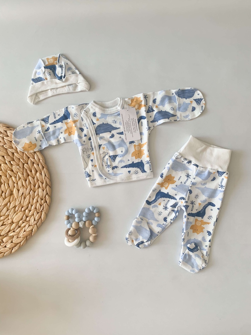 Комплекти Набір для новонароджених Для малюка (повзунки, чепчик, льоля) Діно блакитний, Little Angel