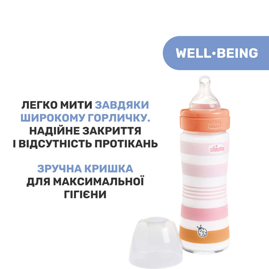 Пляшечки Пляшечка скло Chicco Well-Being Colors, 240мл, соска силікон, божа корівка, 0м+, Chicco