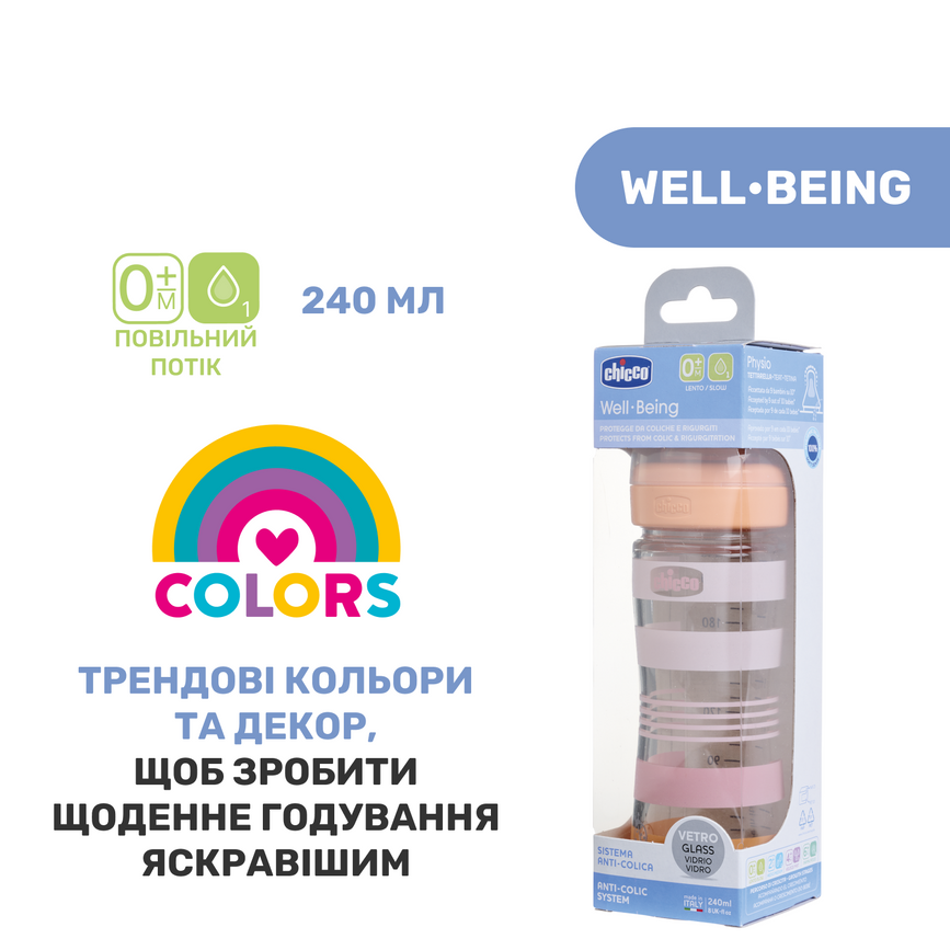 Бутылочки Бутылочка стекло Chicco Well-Being Colors, 240мл, соска силикон, божья коровка, 0м+, Chicco