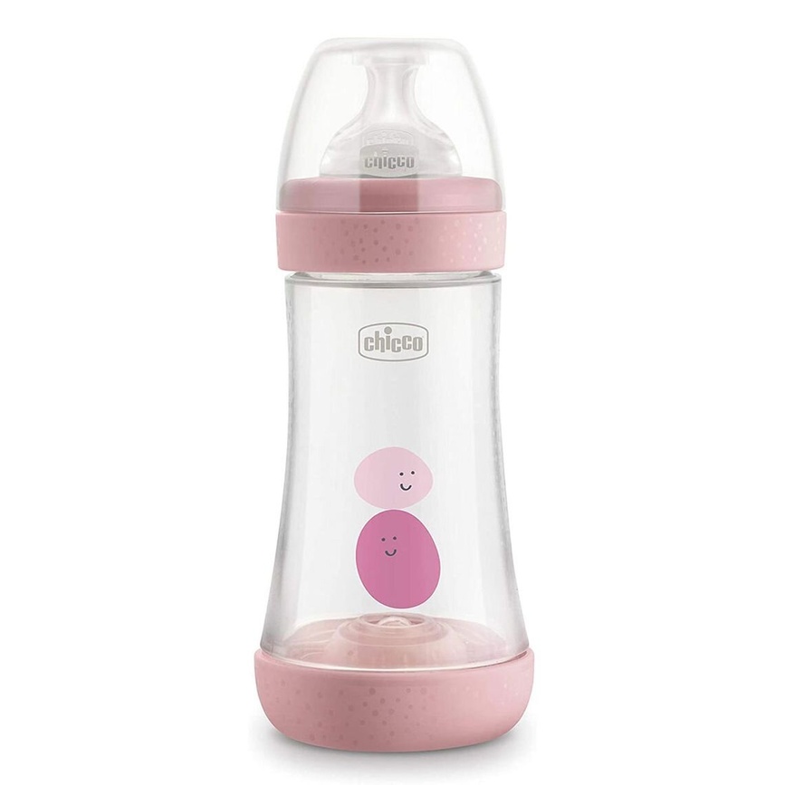 Бутылочки Бутылочка для кормления пластиковая PERFECT 5 с силиконовой соской 2м+ 240 мл, розовая, Chicco