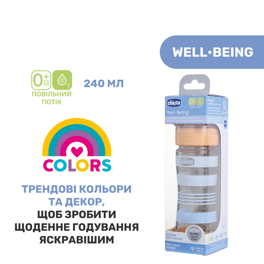 Бутылочки Бутылочка стекло Chicco Well-Being Colors, 240мл, соска силикон, панда, 0м+, Chicco