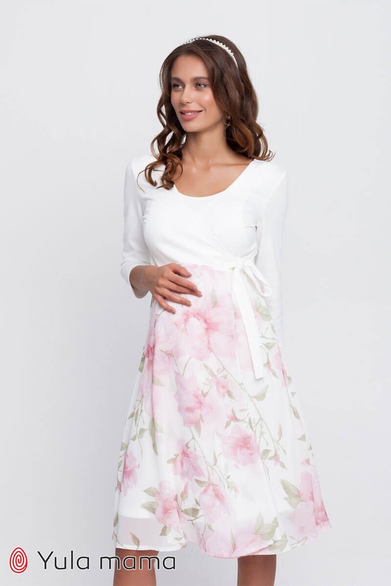 Святкова сукня для вагітних і годуючих SCARLETT, молочний з рожевими квітами, Юла мама, Молочний, S