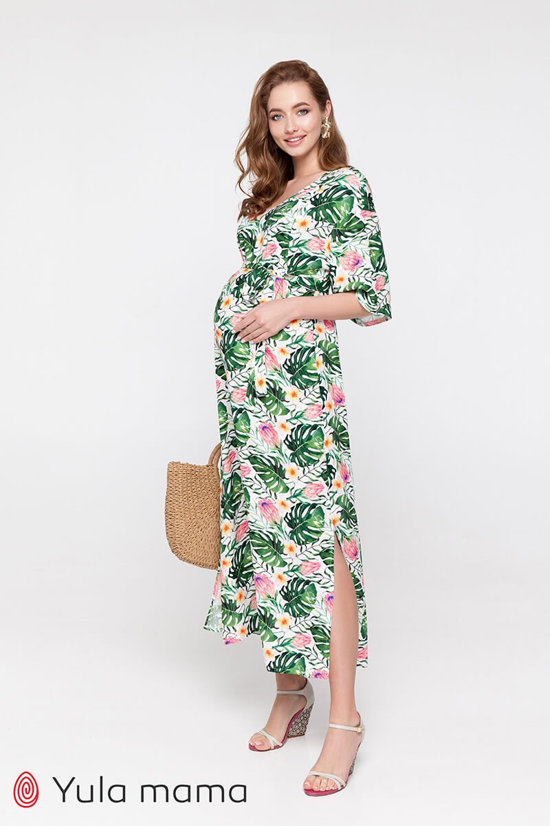 Платье для беременных и кормящих мам FEY принт яркие листья и цветы на белом фоне, Юла мама, Белый, S