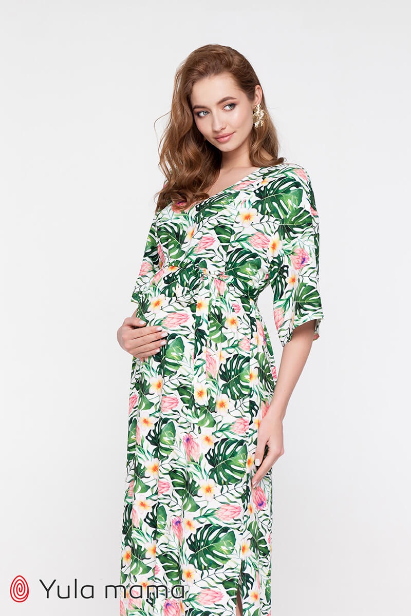 Платье для беременных и кормящих мам FEY принт яркие листья и цветы на белом фоне, Юла мама, Белый, S