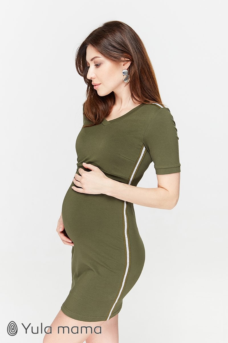 Трикотажное платье-туника для беременных и кормящих с тесьмой GINA, хаки, Юла мама