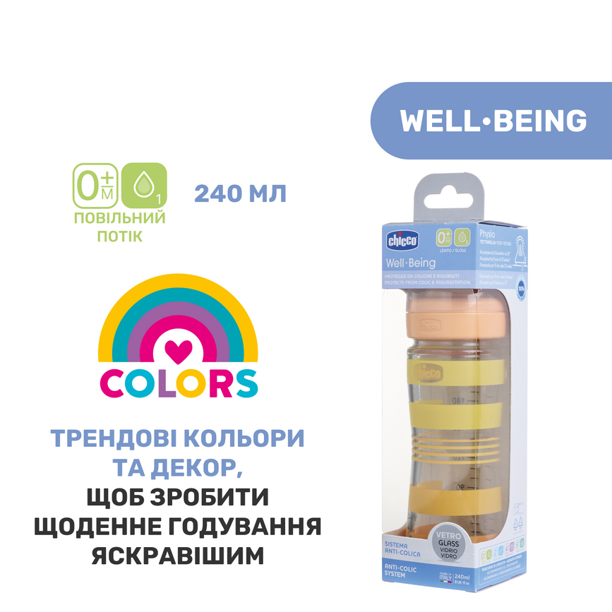 Пляшечки Пляшечка скло Chicco Well-Being Colors, 240мл, соска силікон, жирафа, 0м+, Chicco