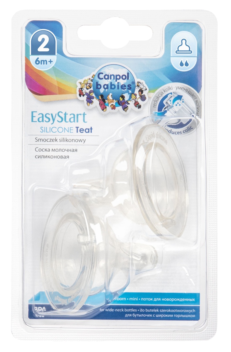 Соски Соска силиконовая EasyStart к бутылочкам с широким отверстием, средний поток 6 мес+, 2 шт., Canpol babies