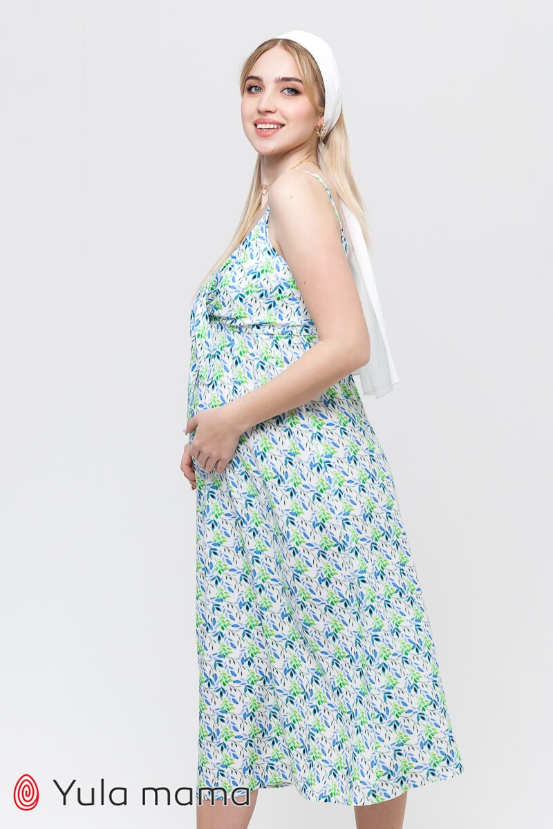 Сарафаны для беременных и кормящих Сарафан для беременных и кормящих OFELIA, синие и зеленые листочки на молочном фоне, Юла мама