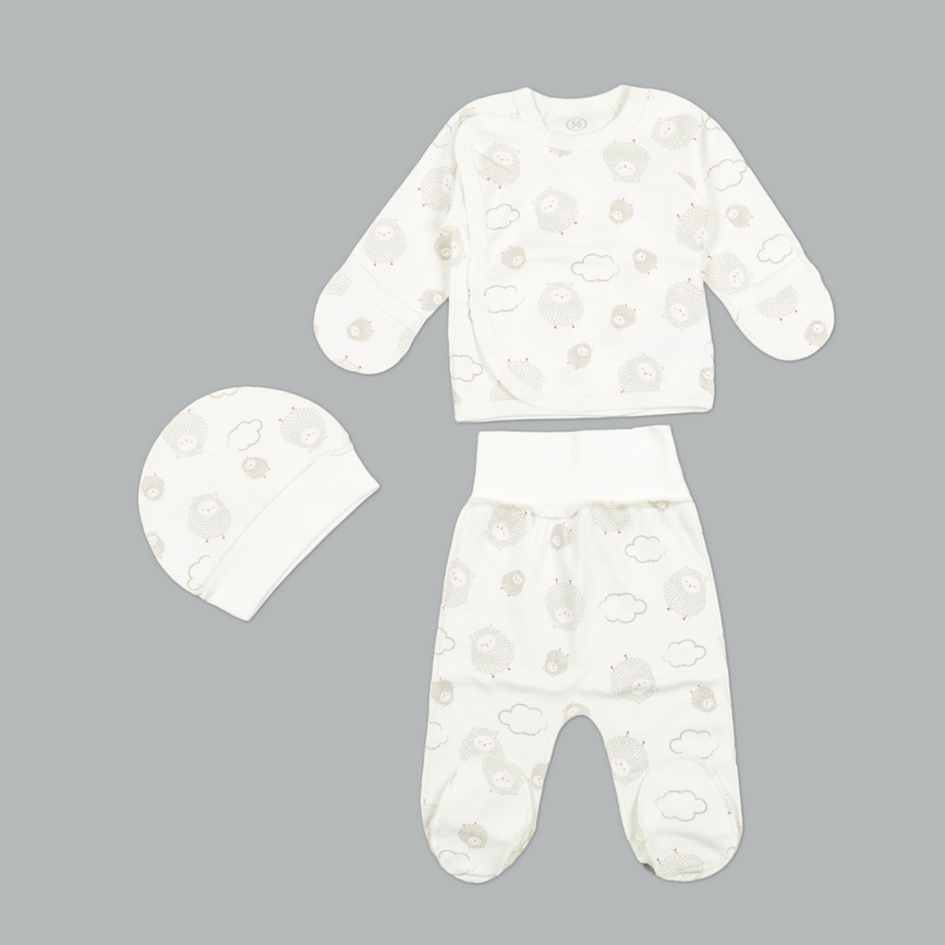 Ползунки Комплект для новорожденных 3 предмета (распашенка, ползунки, шапочка), молочный, ТМ Фламинго