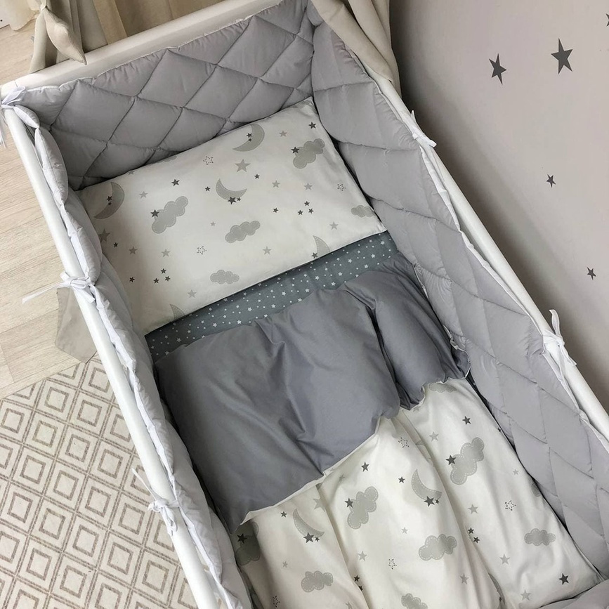 Постелька Комплект постельного белья Baby Mix Облака, серый, 6 элементов, Маленькая Соня