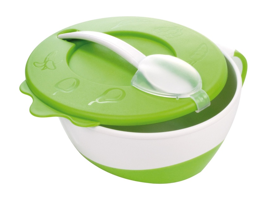 Посуда для детей Тарелка-миска с удобной ручкой, крышкой и ложкой, зеленая, Canpol babies