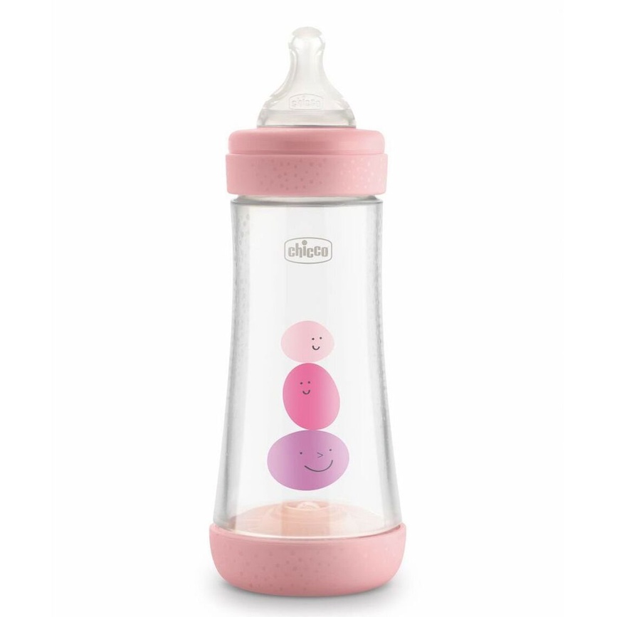 Бутылочки Бутылочка для кормления пластиковая PERFECT 5 с силиконовой соской 4м+ 300 мл, розовая, Chicco