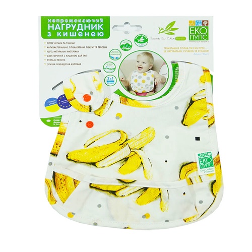 Нагрудники Непромокаючий нагрудник з кишенею ЕКО ПУПС Eco Cotton Premium 21х30 (банани), ЭКО ПУПС