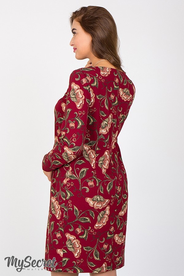Платье теплое для беременности и кормления FLORIANNA цветы на бордовом фоне, Юла Мама