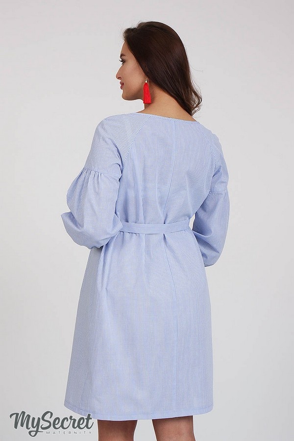Платье-вышиванка для беременных и кормящих LADA, клетка голубой с белым, Юла Мама