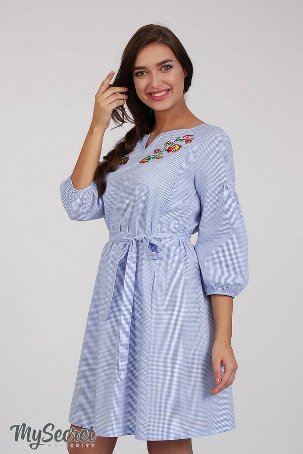 Платье-вышиванка для беременных и кормящих LADA, клетка голубой с белым, Юла Мама