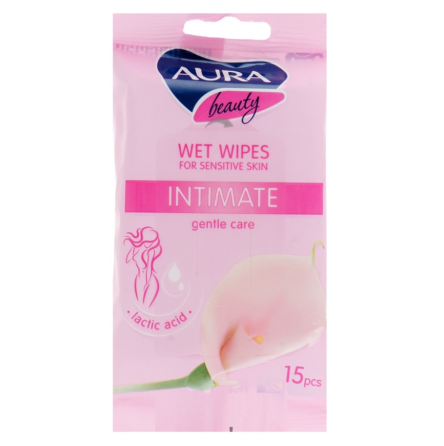 Вологі серветки для інтимної гігієни, демакіяжу та ін. Вологі серветки для інтимної гігієни Beauty Intimate Wet Wipes, рожеві 15 шт, Aura