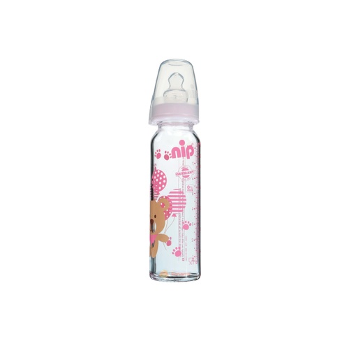 Пляшечки Скляна пляшка 250 мл, Мишка з латексною соскою, від 0-6 міс., M середній потік, рожевий, Nip