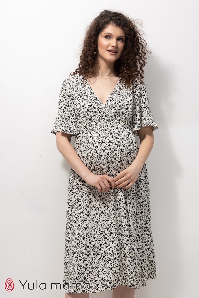 Літня сукня для вагітних та годуючих мам JOSELYN чорні квіти на молочному фоні, Юла мама, Молочний, S