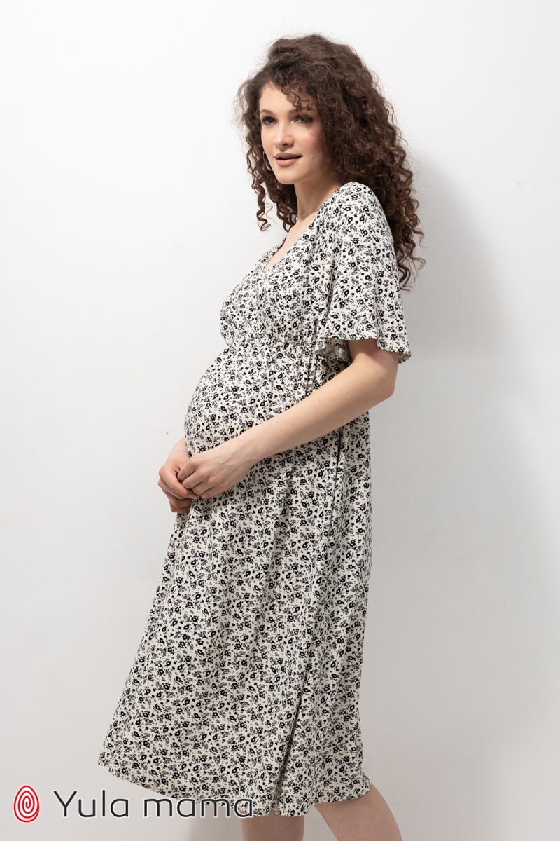 Літня сукня для вагітних та годуючих мам JOSELYN чорні квіти на молочному фоні, Юла мама, Молочний, S
