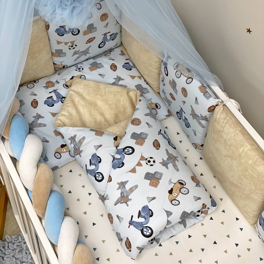 Постелька Комплект постельного белья в кроватку Happy night Ретро-машинки, голубой, 6 элементов, Маленькая Соня