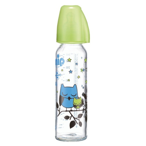Бутылочки Стекляная бутылочка Сова 250 мл, с силиконовой соской, средний поток, 0-6 мес., зеленый, Nip