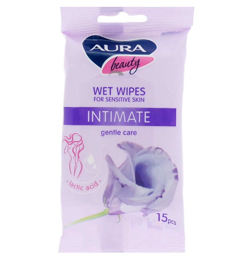 Вологі серветки для інтимної гігієни, демакіяжу та ін. Вологі серветки для інтимної гігієни Beauty Intimate Wet Wipes, бузкові 15шт, Aura