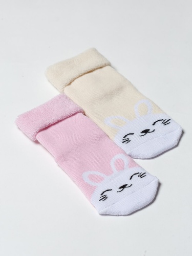 Носочки Носочки детские махровые Зайки, набор 2 шт, розовый, молочный, Мамин Дом
