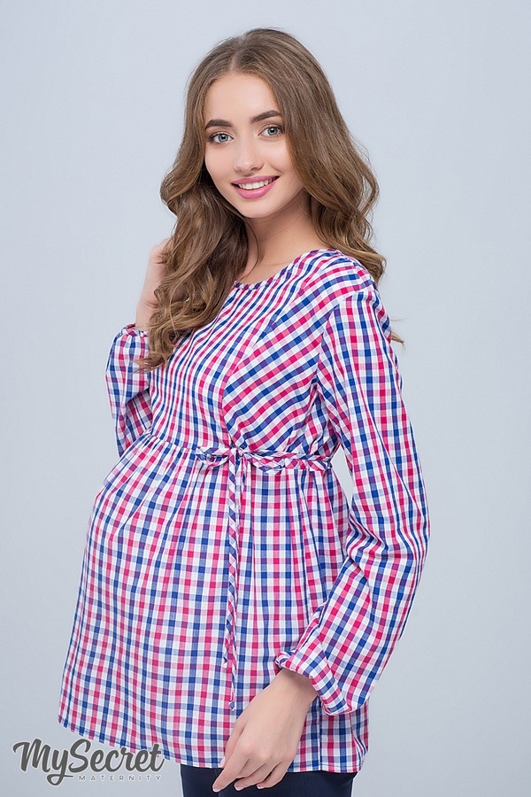 Блузы, рубашки Клетчатая блуза для беременных и кормящих SHADE NEW, сине-бело-малиновая клетка, Юла мама
