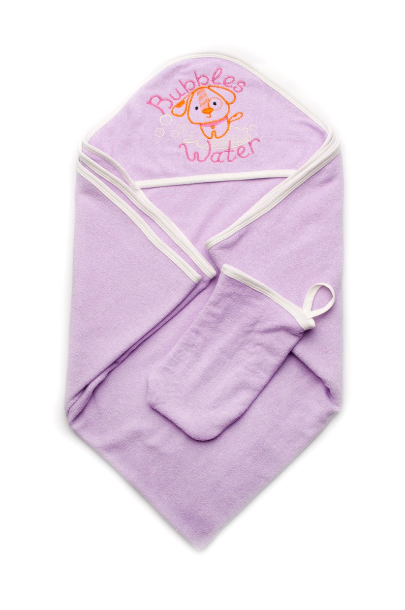 Полотенца Полотенце махровое для купания с капюшоном и рукавичкой (сирень), Модный карапуз