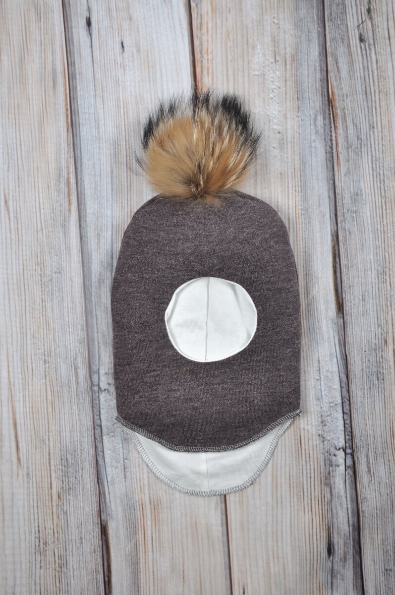 Шапка-шлем с бубоном из чернобурки, коричневый меланж, MagBaby, Коричневый, 38-42