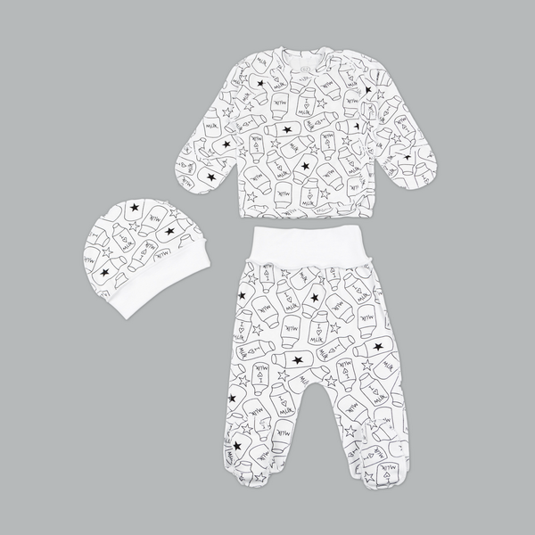 Повзунки Комплект для новонароджених 3 предмета (льоля, повзунки, шапочка), біло-чорний, ТМ Фламінго