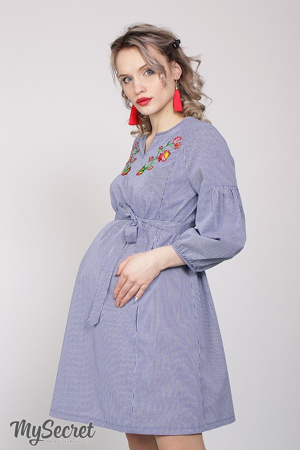 Платье-вышиванка для беременных и кормящих LADA, клетка сине-белая, Юла Мама